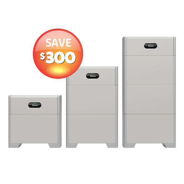 Three sizes of iStore energy storage batteries with a red badge showing Save $300