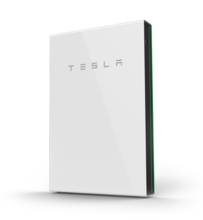 Tesla Powerwall home battery storage unit in white with Tesla logo