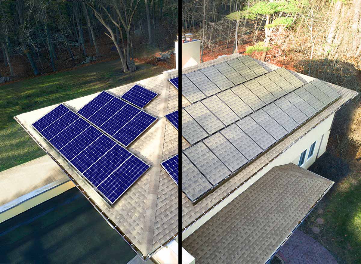 Comparison of traditional vs. sleek all-black solar panels on a residential rooftop.