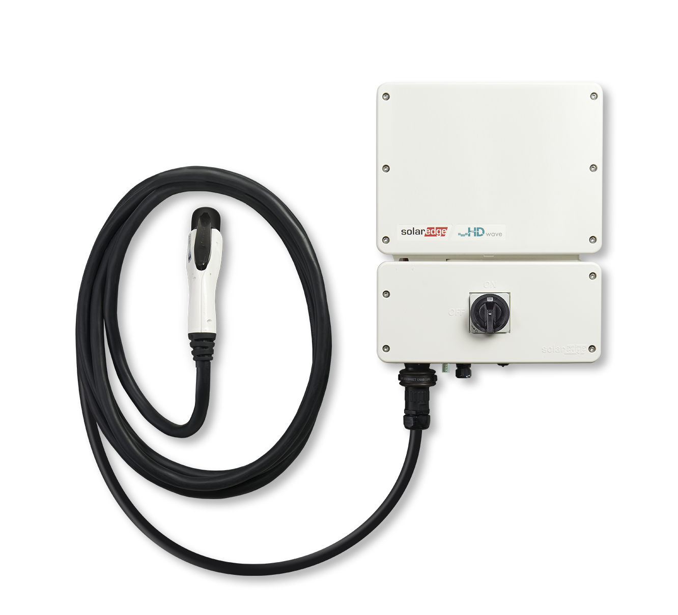 SolarEdge HD-Wave EV charger with integrated inverter and charging cable for solar-powered vehicle charging.