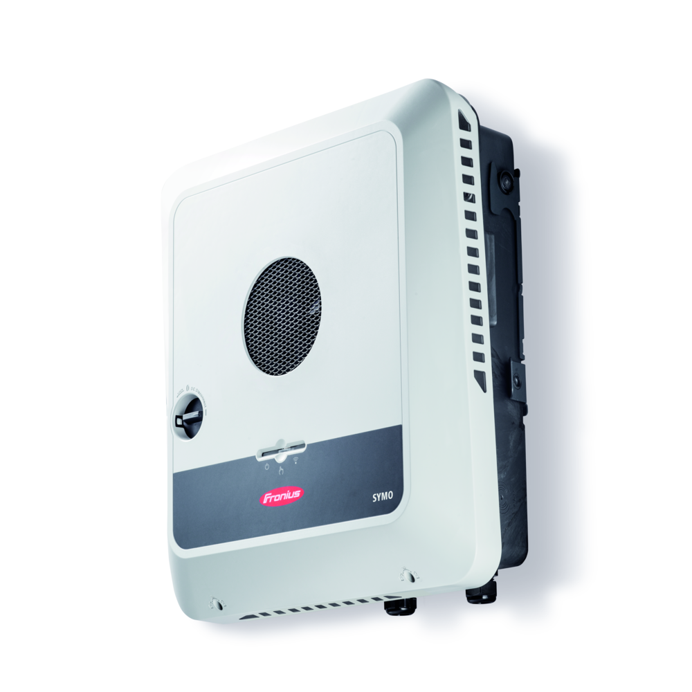 Fronius Symo inverter with sleek white casing, front vent, and rotary switch for efficient solar energy conversion.