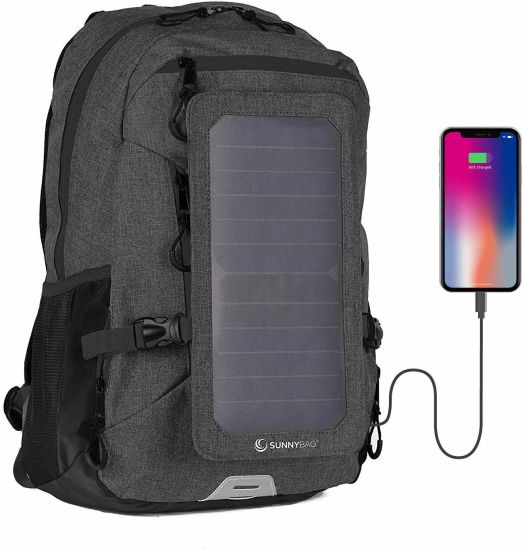 Solar-powered backpack charging a smartphone, ideal for on-the-go energy during travel or outdoor activities.