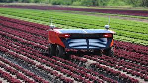 Autonomous farming robot navigating crop rows in a field, used for precision agriculture.