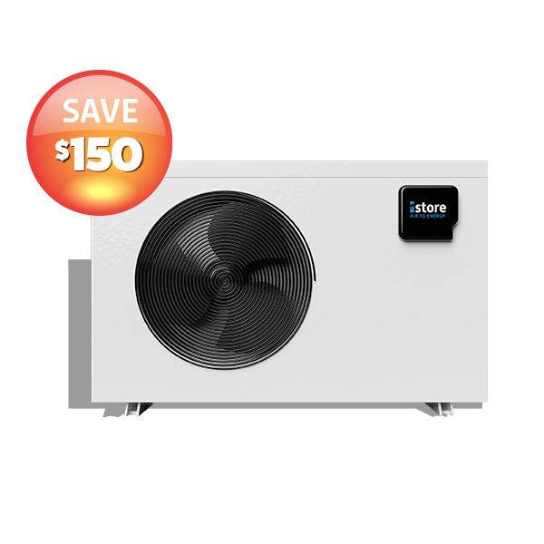 iStore air-to-energy heat pump system with a Save $150 discount badge