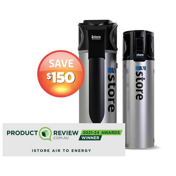 iStore hot water systems with ProductReview.com.au Award badge and Save $150 offer