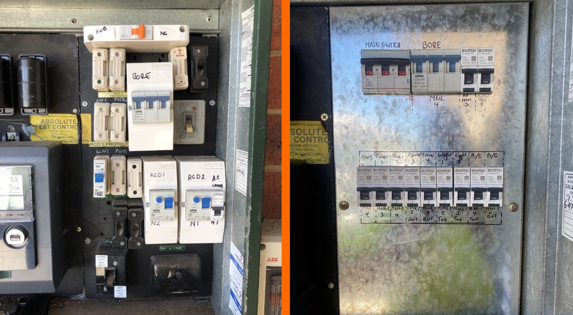 Two fuse boxes with labelled circuit breakers for bore pump, A/C, lighting, power, and main switch control.
